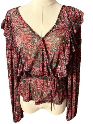 SO Pink Floral Long Sleeve Surplice Gathered Waist Sheer Ruffle Blouse Size L