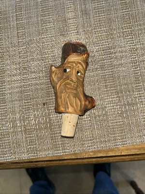VINTAGE TROLL SPIRIT TREE WINE BOTTLE HAND CARVED Folk ART WOOD CORK