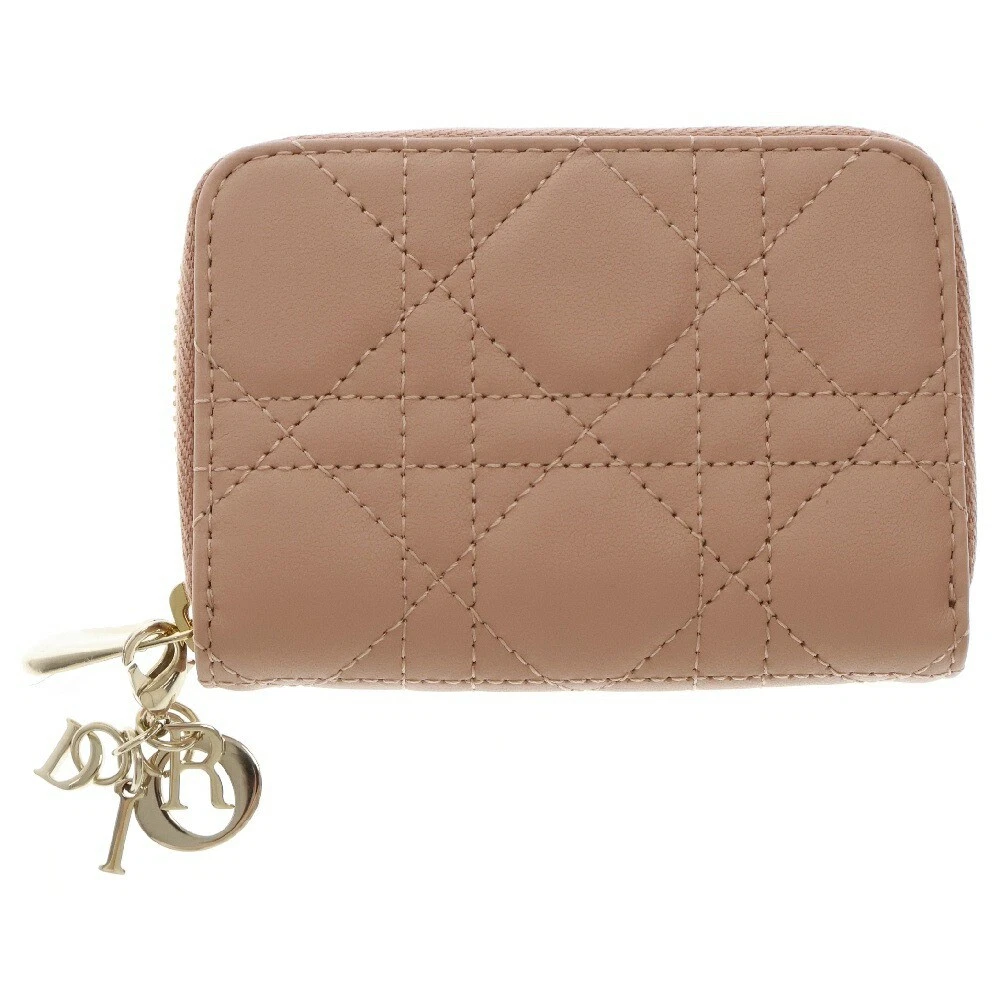 Christian Dior Canage étui à cartes rond porte monnaie cuir portefeuille compact rose beige femme