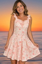 Sleeveless Fit & Flare Sundress Square Neck Ruffle Accent Pink Floral Casual