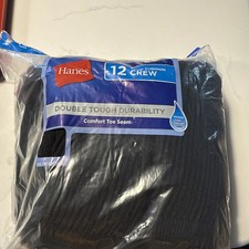 Hanes Boys Crew Socks 12 Pair Black Size Large  Shoe 3-9 New Sealed