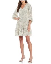 NWT Eliza J Cream And Silver Sequined Tiered Fit And Flare Midi Dress Sz 16