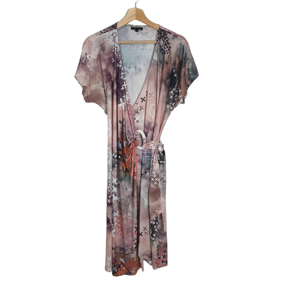 Howard Showers 14 Blush Pink Print Slinky Jersey Dolman Short Sleeve Wrap Dress