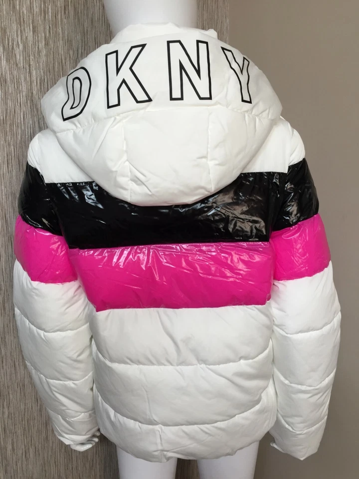 DKNY SPORT WHITE TWO TONE STRIPE PUFFER JACKET WATER REPELLENT SIZE S BNWT - Image 2 of 4
