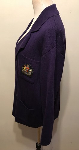 Harve Benard Blazer Wool L Tall Purple Cardigan Jacket Gold Buttons Crest Logo - Picture 7 of 9