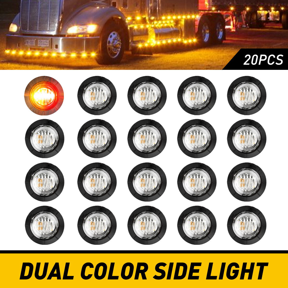 20x 12V Dual Color Marker Lights Truck Trailer Bullet Red-Amber LED Round 3/4