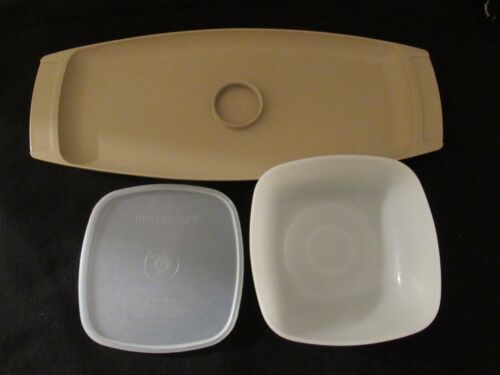 Vintage Tupperware Servette Chip N Dip Veggie Tray Set Almond - Picture 4 of 11