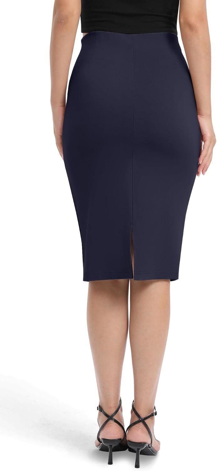 Women's High Waist Stretch Bodycon Pencil Skirt - Knee-Length with Back Slit