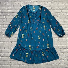 Old Navy Dress Size L Blue Floral Velvet Trim Long Sleeve Cottagecore Boho Fairy