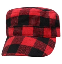 Red Black Classic Buffalo Plaid Flannel Up North Fatigue Military Ball Cap Hat