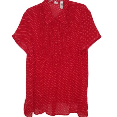 Emma James Womens 20W Semi Sheer Blouse Short Sleeve Button Front Red Polka Dot