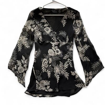 INSANE 100% Silk Y2K Fairy Whimsygoth Black & White Floral Babydoll blouse
