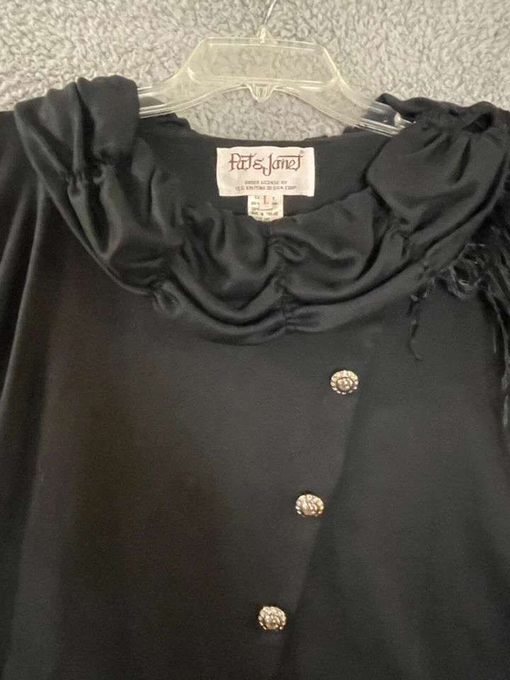 复古 Pat & Janet Top 女式 L 黑色套衫 RS 鸵鸟羽毛闪亮 — 第 3/4 张图片