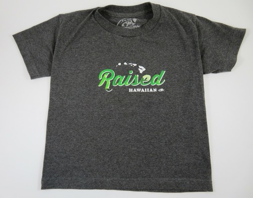Raised Hawaiian Kids Unisex T-Shirt Charcoal Gray By Hawaiian Style Size 7 - Picture 1 of 9