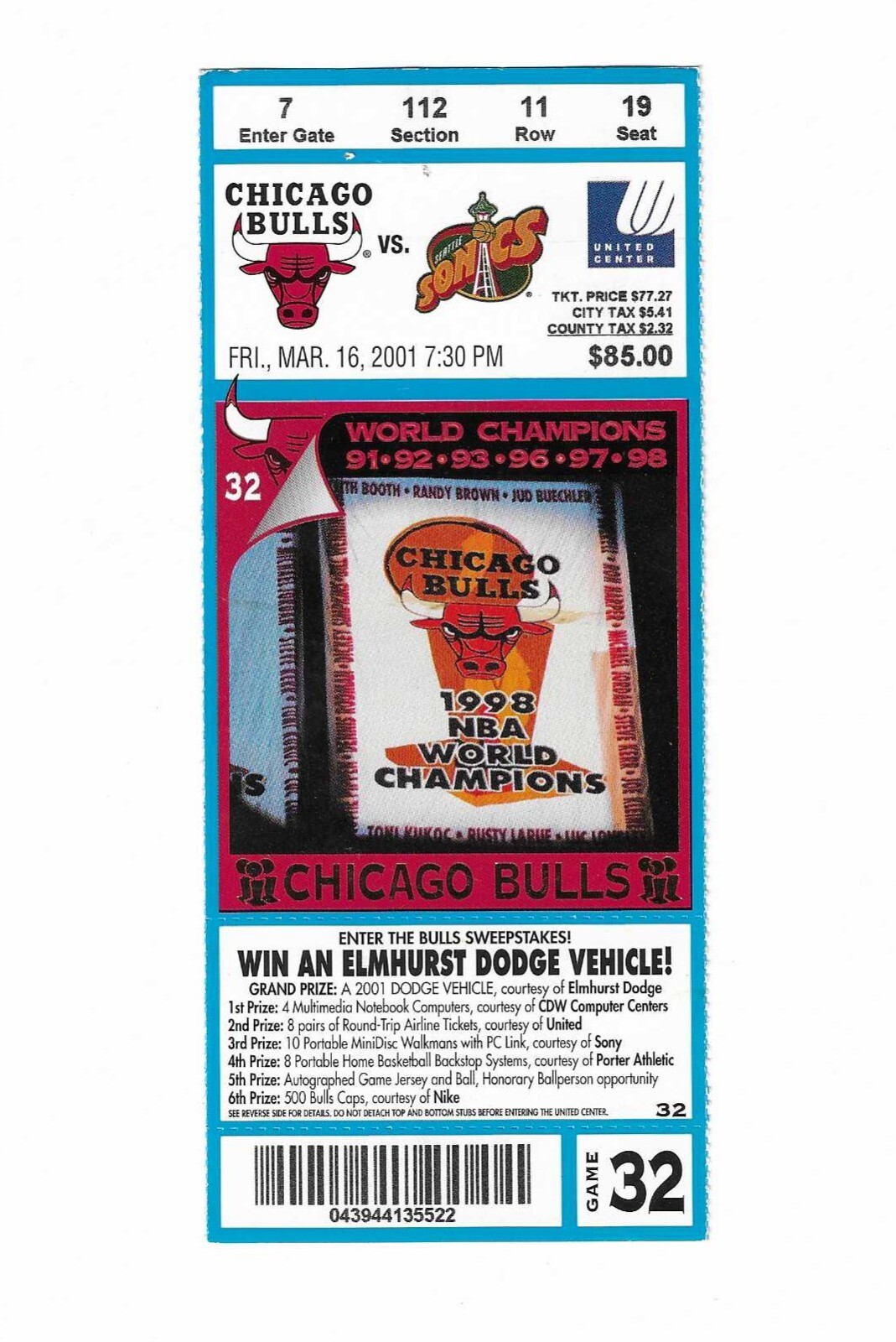 Chicago Bulls vs Seattle Supersonics Unused Basketball Ticket from 3/16/2001