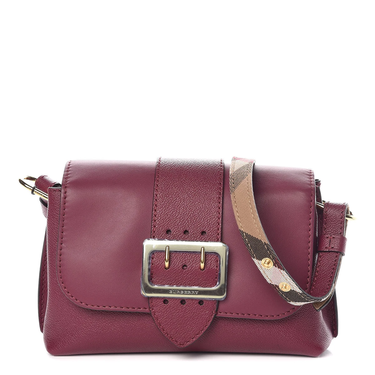 NWT BURBERRY PLUM GRAINED LEATHER SMALL NOVA CHECK BUCKLE BAG