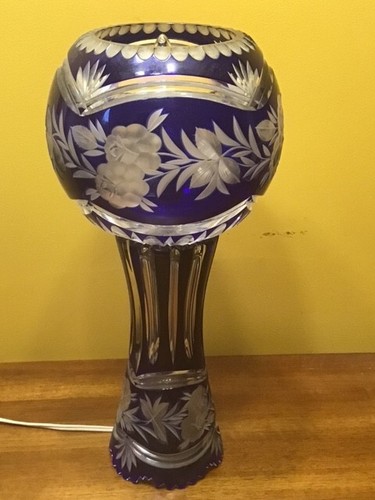RARE Vtg Bohemian Cobalt Blue Cut to Clear Etched Table Rose Bowl Lamp 14" Tall