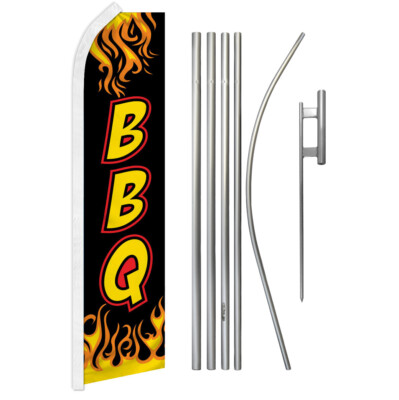BBQ Advertising Swooper Feather Flutter Flag & Pole Kit Restaurant Food BLK