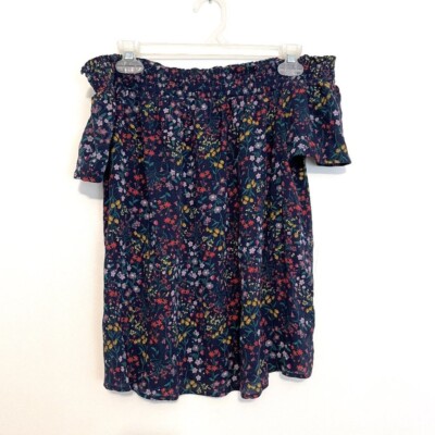 OLD NAVY Floral Off the Shoulder Top Navy Blue Red Short Sleeve Boho Medium M