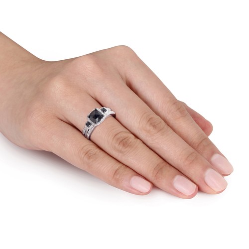 Amour Sterlingsilber Kissenschliff schwarz & weiß Diamant Heiligenschein Braut Ring Set - Bild 5 von 6