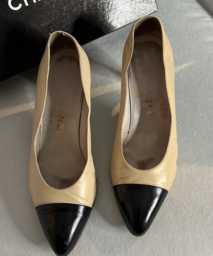 chanel tan and black shoes