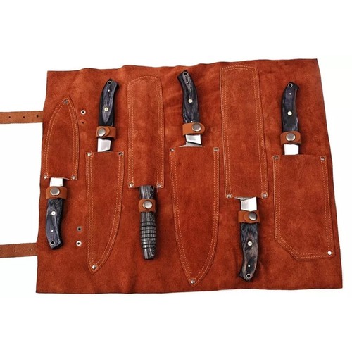 New Handmade 6 Damascus Steel BBQ Kitchen Chef knife set with leather roll bag - Picture 3 of 5