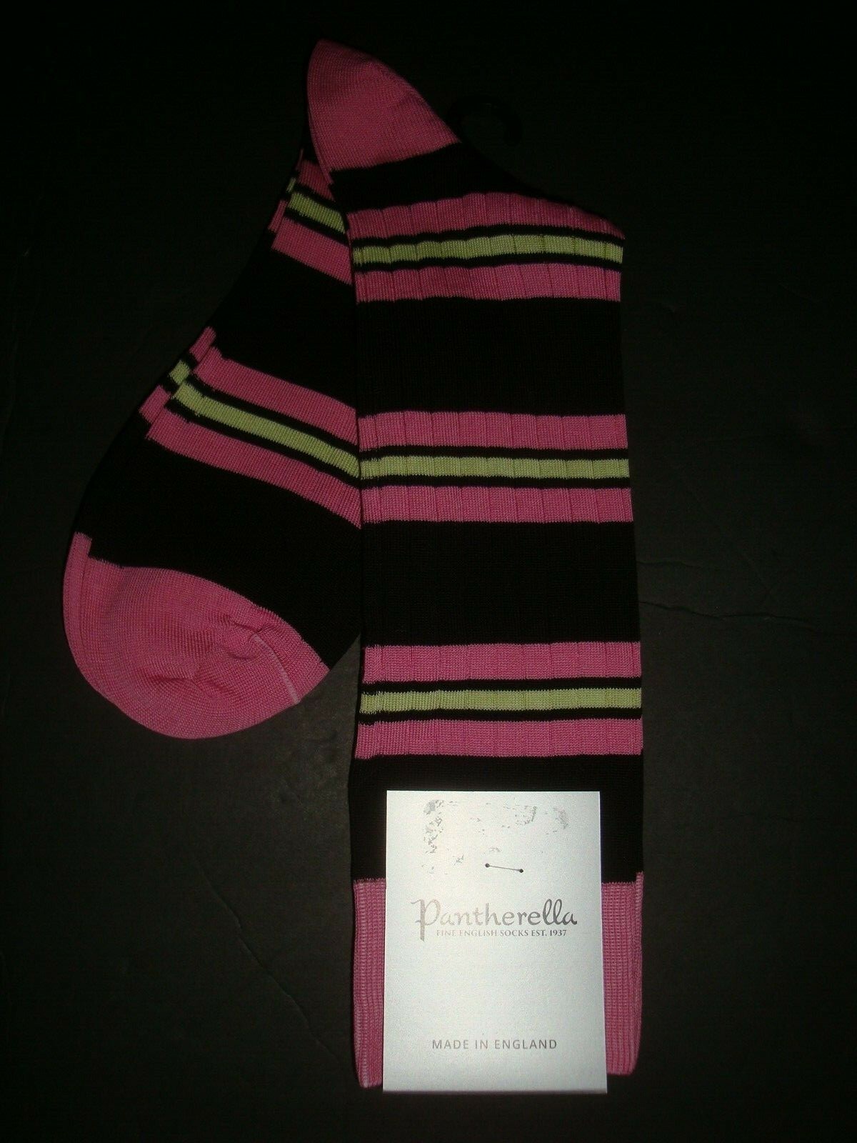 NEW PANTHERELLA ENGLAND MEN'S DRESS SOCKS BLACK/YELLOW/PINK STRIPES SIZE M