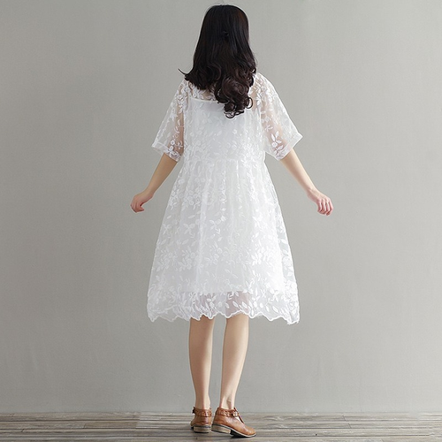 Lady Lace Embroidery Floral Dress Short Sheer Sleeve Cut Out Midi Loose Casual - Picture 4 of 12