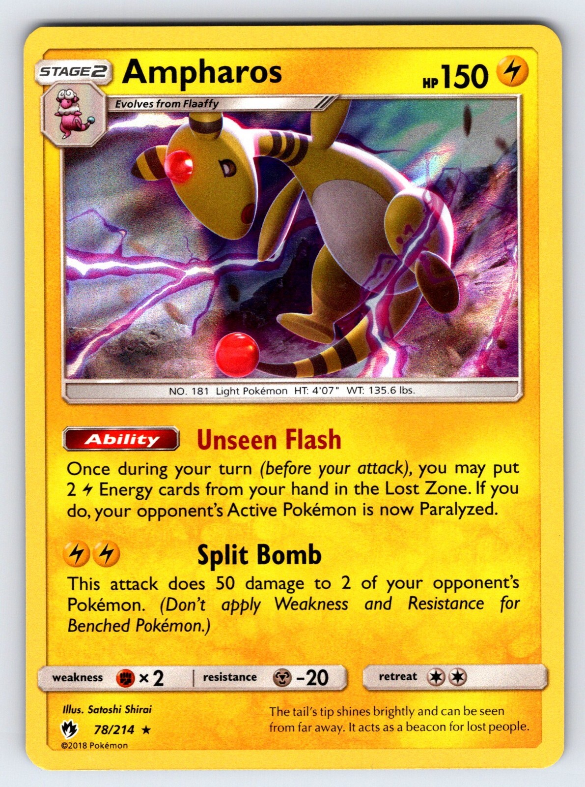 Ampharos 78/214 2018 S&M Lost Thunder Pokemon Card TCG Nintendo Holo Rare - VLP