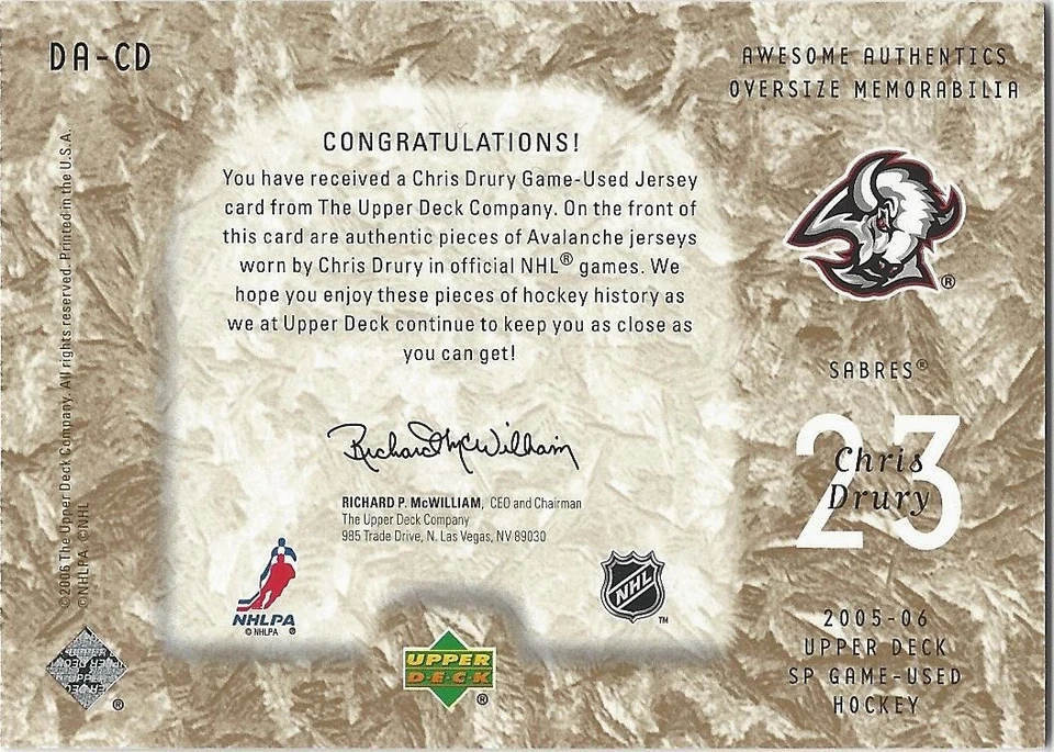 Chris Drury 2005-06 SP Juego Usado Impresionante Auténtico Dorado #DACD/25 Foto 2 de 2