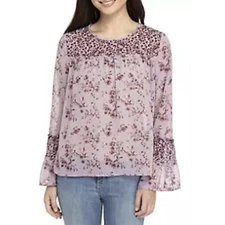 Jolt Purple Floral Print Blouse SIZE SMALL Sheer Babydoll Peasant Lightweight