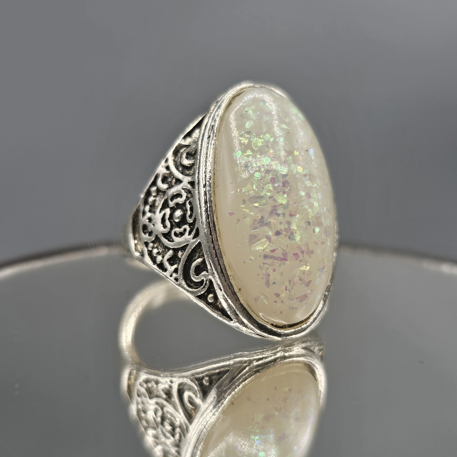 Confetti Cabochon Ring Large Oval Statement Silve… - image 1