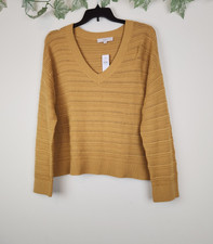 Suéter Pullover LOFT Talla XL Amarillo Mostaza Punto Abierto Cuello en V Manga Larga Nuevo con Etiquetas