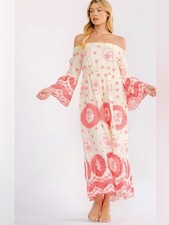 0291. Off-Shoulder Cream and Pink Embroidered Maxi Dress