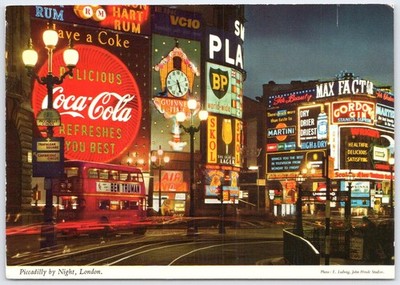 Vintage Piccadilly Circus London Night Scene Coca-Cola Neon Postcard