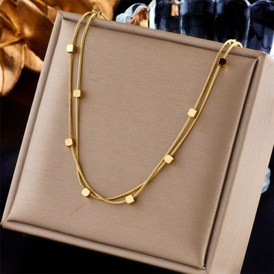 Woman 18K Gold Plated Stainless Steel Cubes 2 Layers Necklace Chain