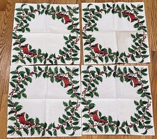 Christmas Napkins Birds Red Cardinals On Holly Berry Branches Set Of 4