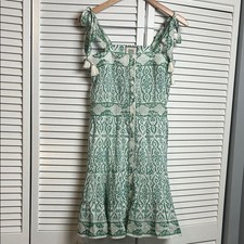 Alicia Bell Green & White Boho Tie-Strap Button Front Midi Dress silk cotton XS