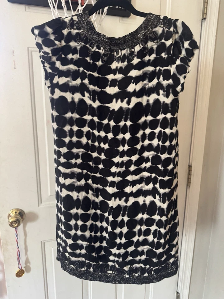 Calypso St. Barth 串珠丝绸换装连衣裙黑色白色印花波西米亚小号 — 第 3/4 张图片