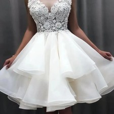 Short Mini Wedding Dresses Sheer O-Neck Lace 3D Flower Sleeveless A-Line Wedding
