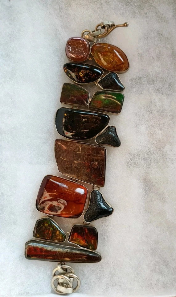 Bracelet Real Sterling Silver Real Ammolite, Amber And Fossil 8 Pollici - Immagine 3 di 4