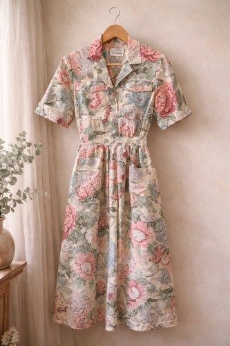 Vintage Floral Midi Dress Cottagecore Button Front Pockets Prairie 12 - Image 1