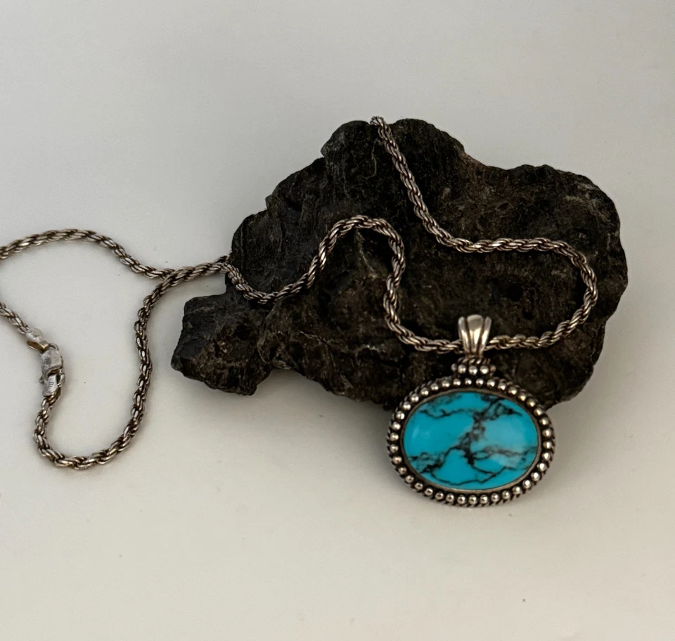 Винтажный бирюзовый подвеска веревки ожерелье 925 пробы Италии надпись HAN 20» - Изображение 2 из 4