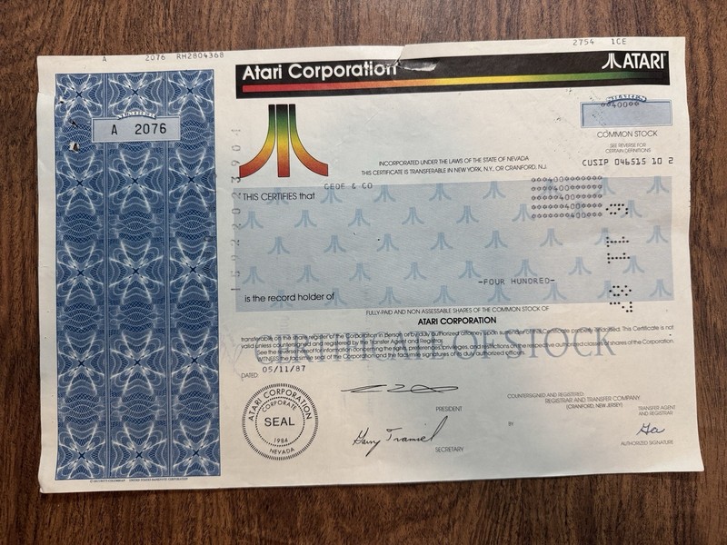 1987 Atari Corporation Stock Certificate Nevada