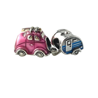 PINK CAR & CAMPER S925 STERLING SILVER EUROPEAN BRACELET CHARM BEAD SET & POUCH!