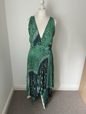 Topshop 14 Green Paisley Pleated Plunge Dress Open Back Handkerchief Boho