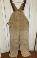 VINTAGE Carhartt Overalls Men 42x32 Tan Bib Unlined Double Knee Canvas Distress