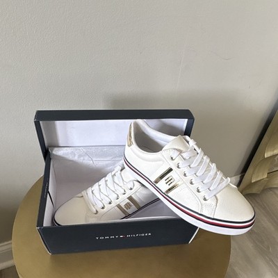 Tommy Hilfiger Men's White/Gold Low Top Lace-Up Athletic Sneakers