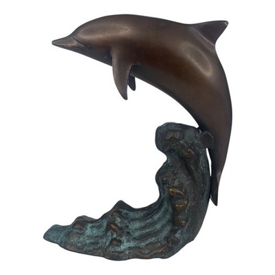 Vtg Bronze Sculpture of Jumping Dolphin on an Ocean Wave 7'' H X 6.5'' W