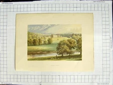 Original Old Antique Print 1880 Colour Plate View Fleurs Castle Mansion Trees